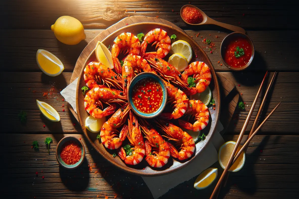 A vibrant plate of spicy shrimp, ready to be served.