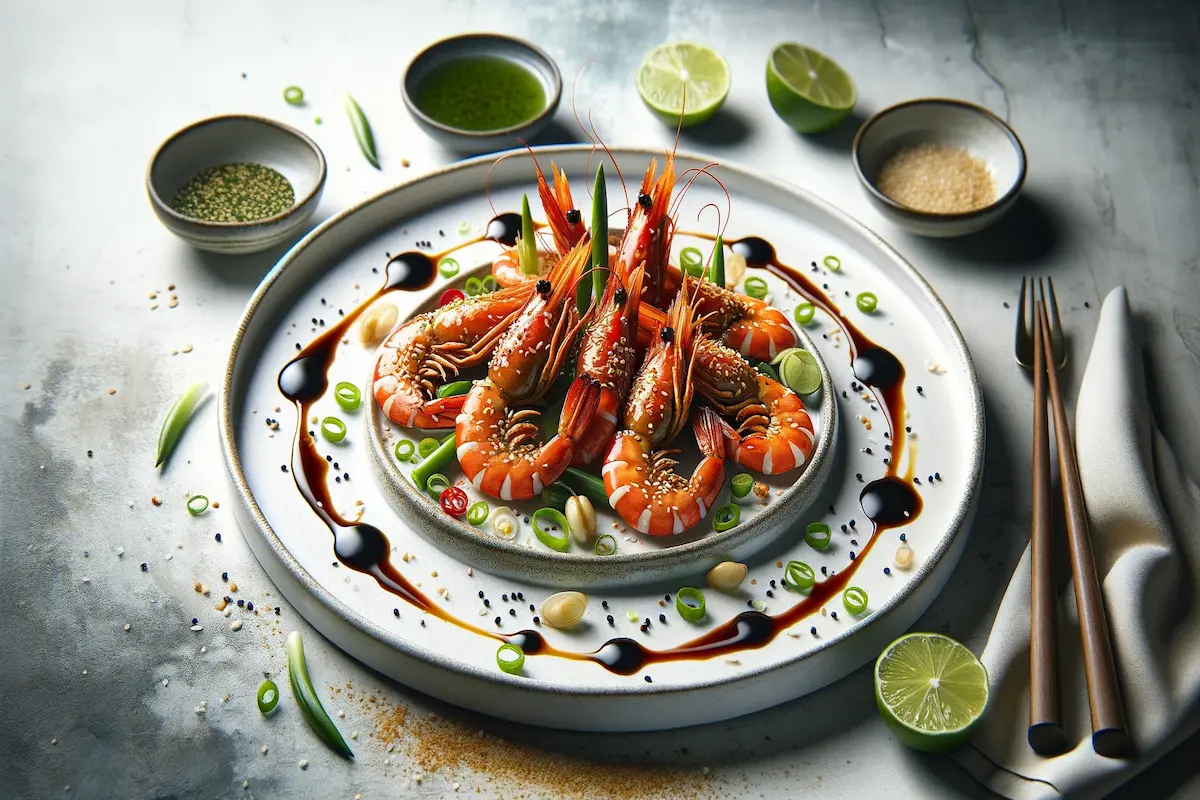 Elegantly plated firecracker shrimp with garnishes.