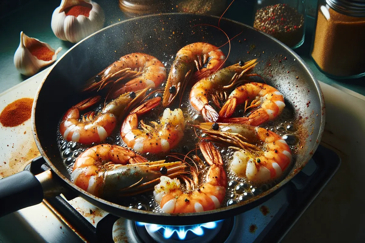 Shrimp being fried in a pan with spices.