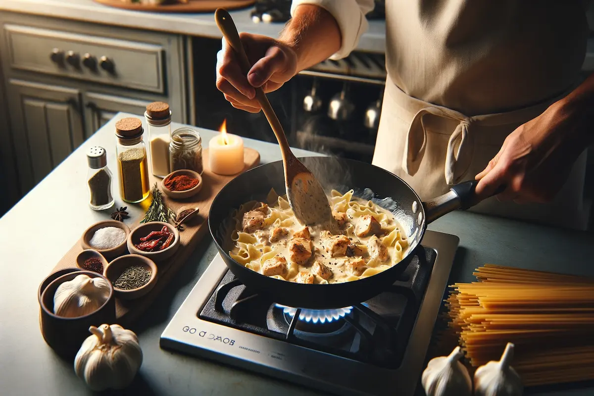 Preparing Marry Me Chicken Pasta sauce in a skillet