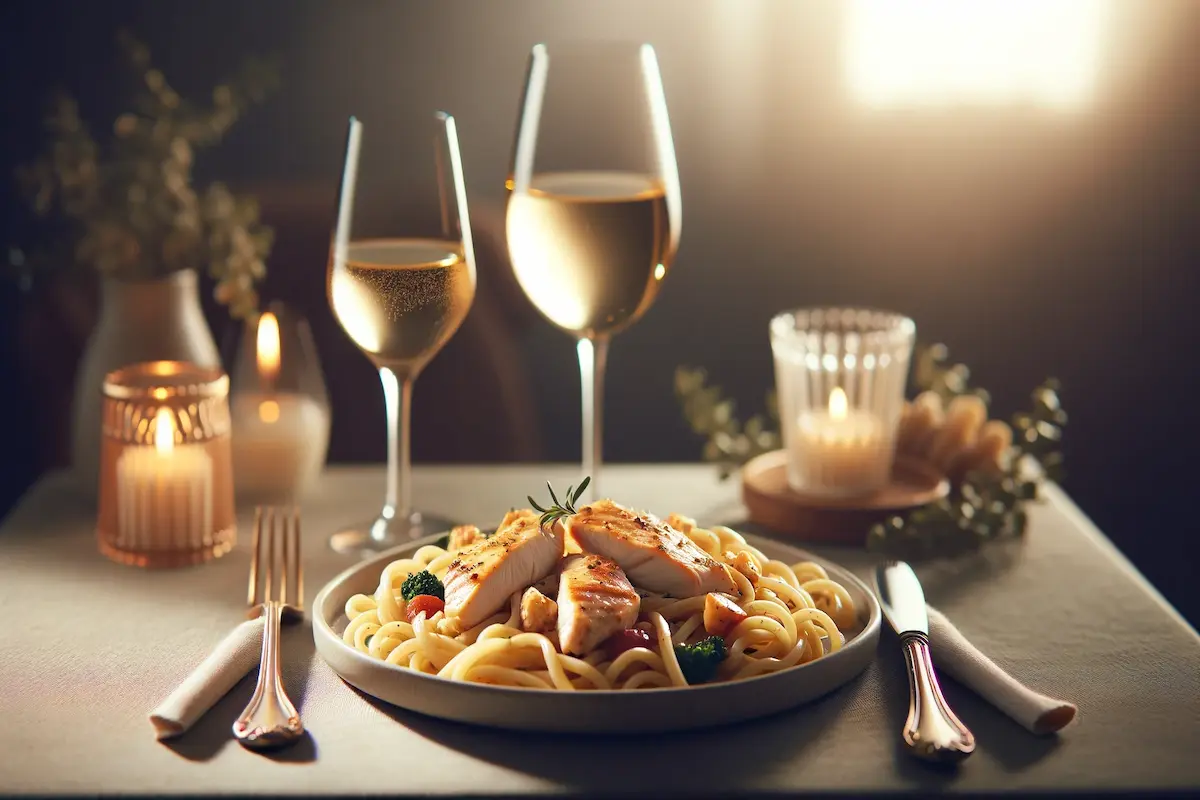 Marry Me Chicken Pasta dinner setup with wine