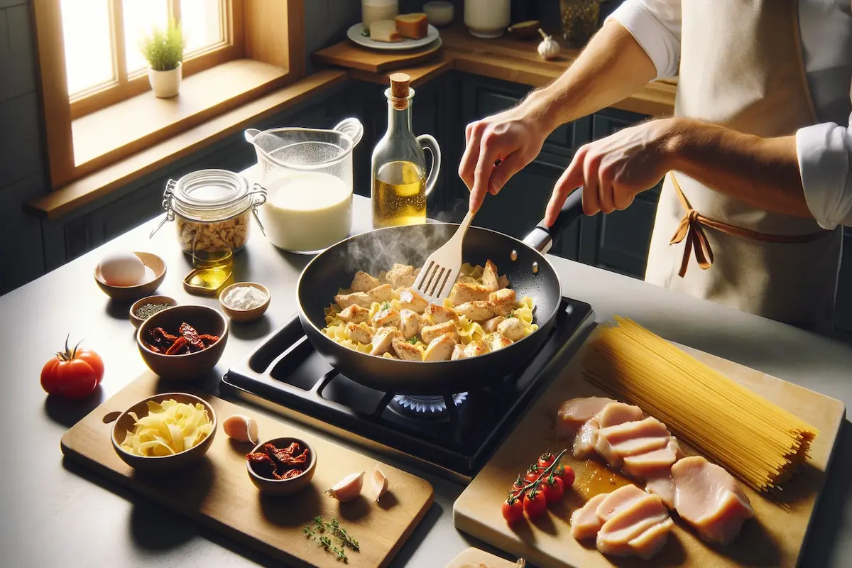 Sautéing chicken for creamy pasta on a stovetop.