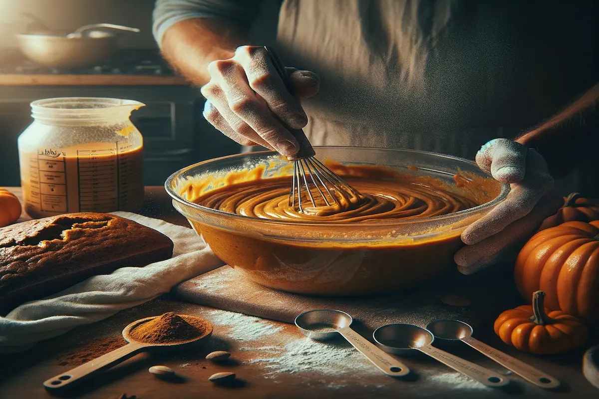 Mixing dough for pumpkin bread in a glass bowl.