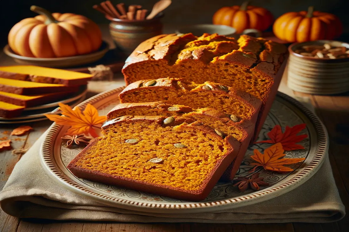 Sliced Libby's pumpkin bread on a decorative plate.