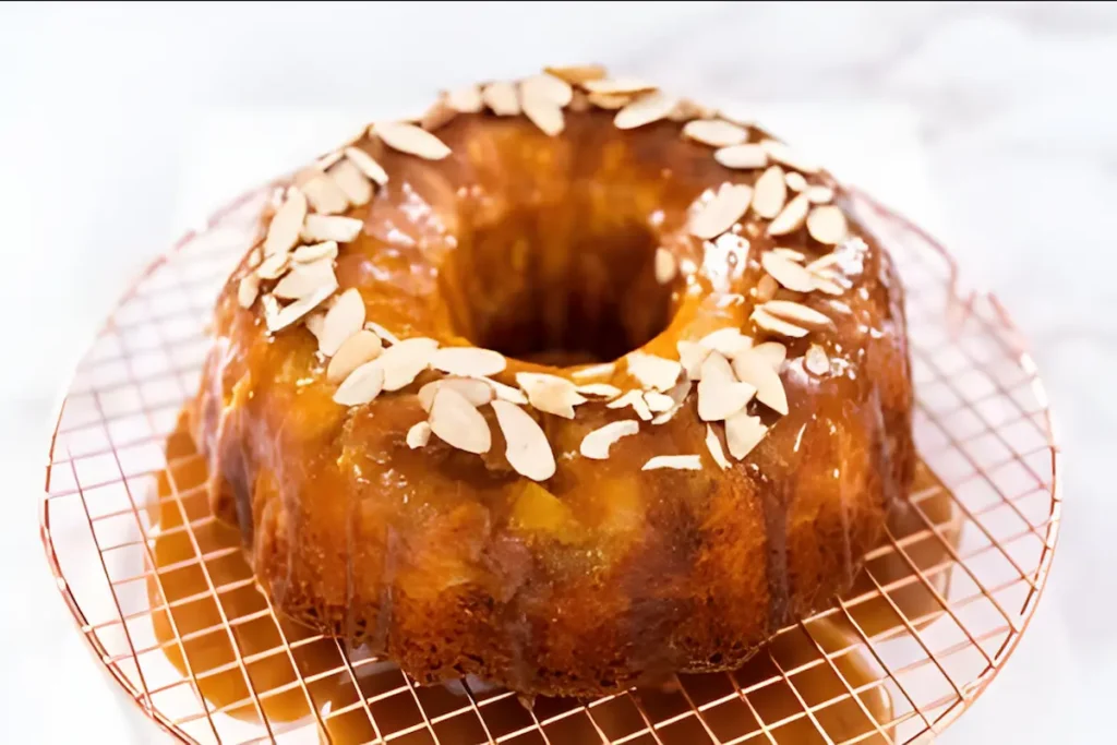 Finished Salted Caramel Kentucky Butter Cake on a serving plate.