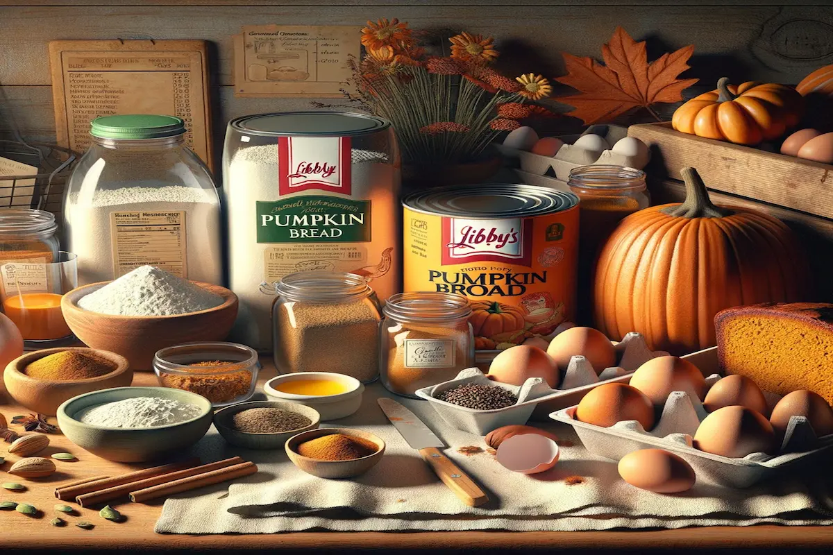 Ingredients for pumpkin bread recipe spread on a wooden table.