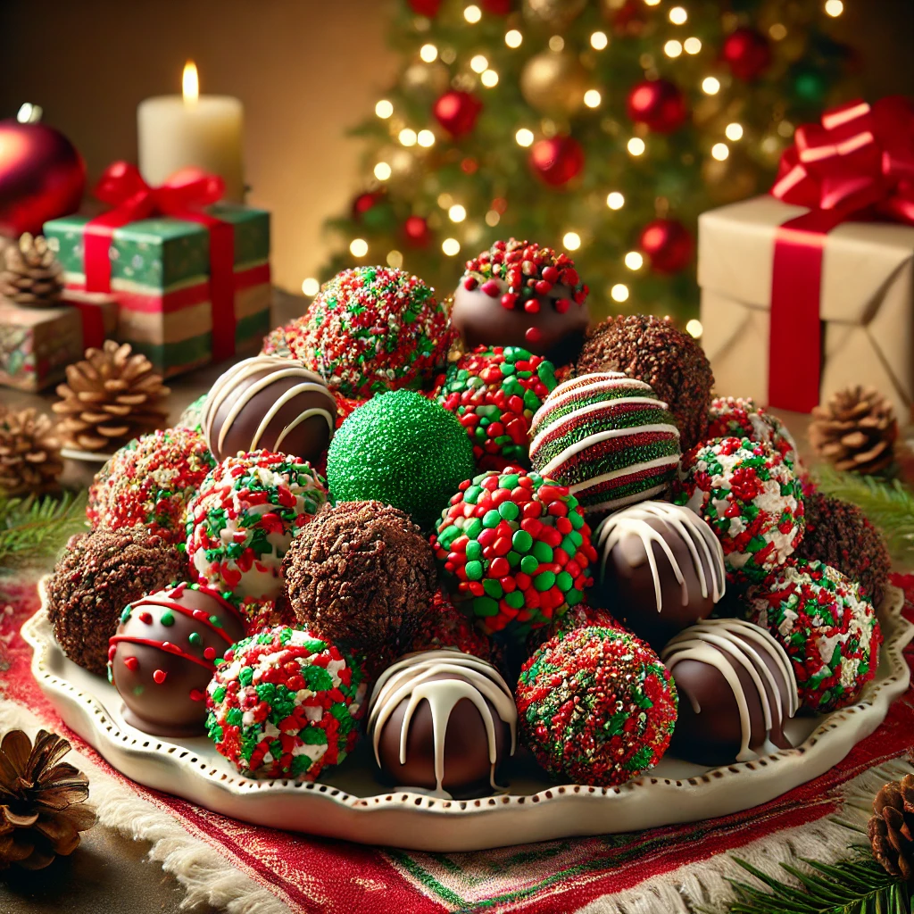 Festive Christmas Chocolate Rice Krispie Balls coated with red, green, and gold sprinkles, drizzled with white and dark chocolate, arranged on a holiday-themed platter with Christmas decorations in the background.