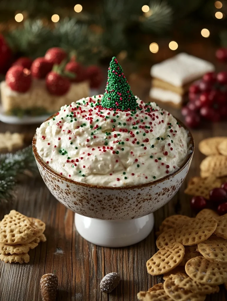 Festive Christmas tree cake dip topped with red and green sprinkles in a rustic ceramic bowl surrounded by waffle cookies and holiday decorations.