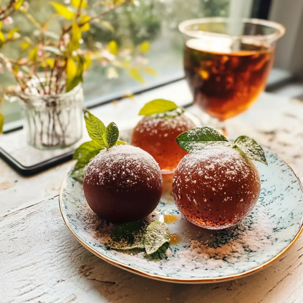 Three beautifully crafted tea bombs dusted with powdered sugar, garnished with fresh mint leaves, placed on a decorative plate near a sunny window with a glass of tea in the background.