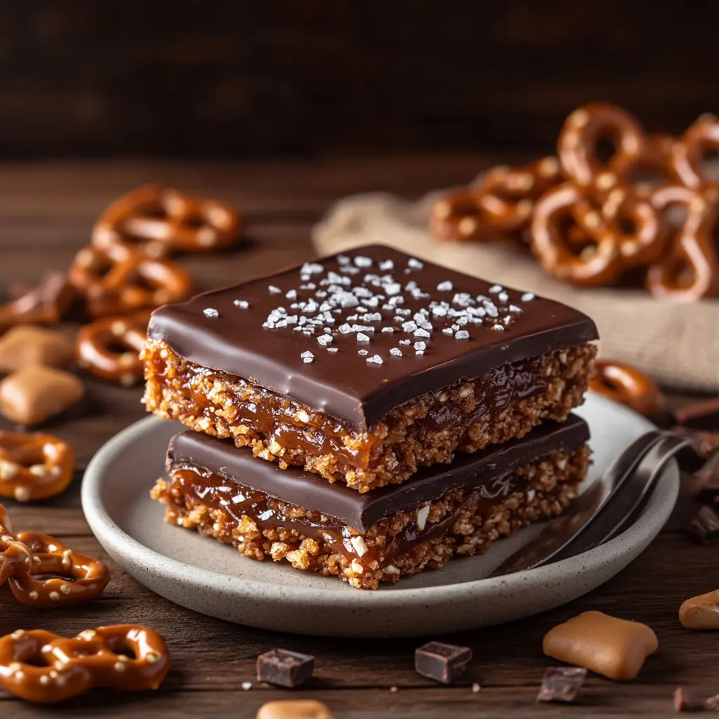 Stack of two No-Bake Caramel Pretzel Crack Bars on a plate with layers of crunchy pretzels, gooey caramel, and smooth chocolate topping, sprinkled with sea salt, surrounded by pretzels and caramel cubes.
