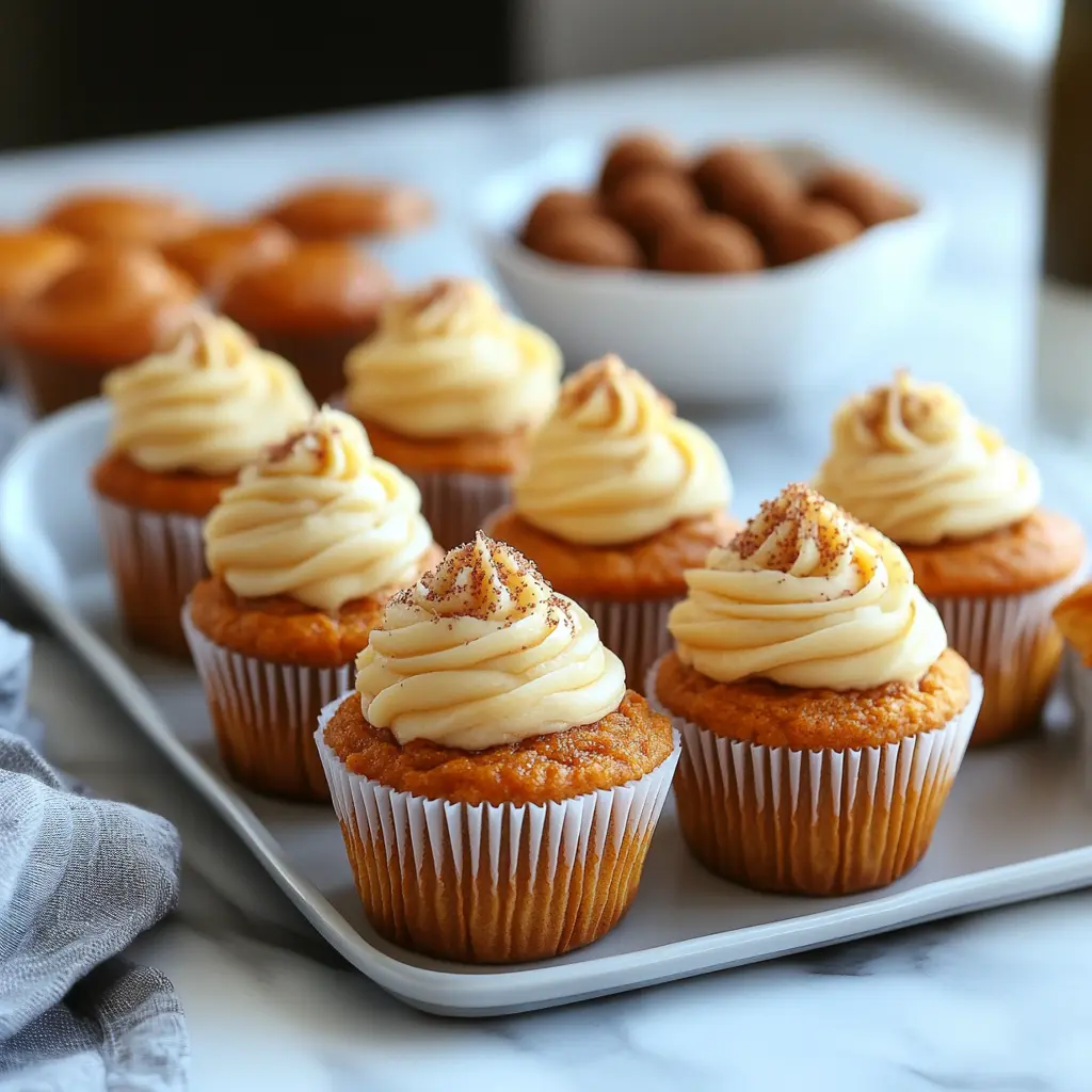Pumpkin cream cheese muffins topped with swirls of cream cheese frosting on a tray.