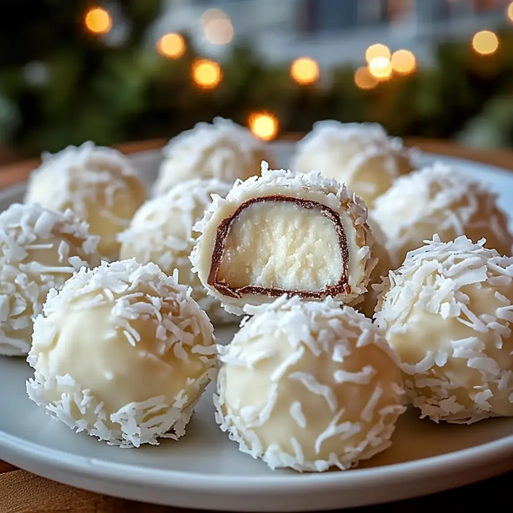 no-bake coconut cream balls coated in shredded coconut, with one ball cut open to reveal a creamy center and a chocolate layer.